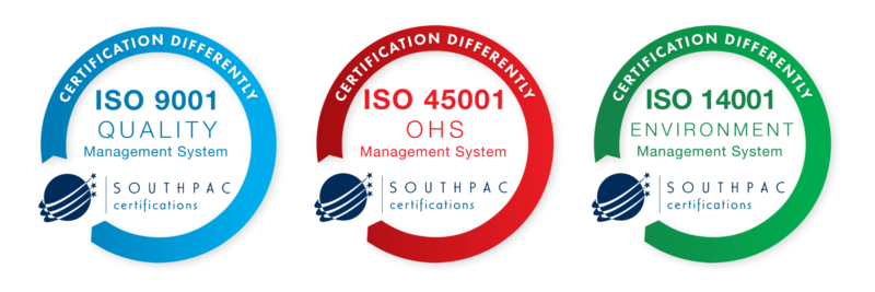 Southpac badges: ISO 9001 Quality, ISO 45001 OHS and ISO 14001 Environment management systems