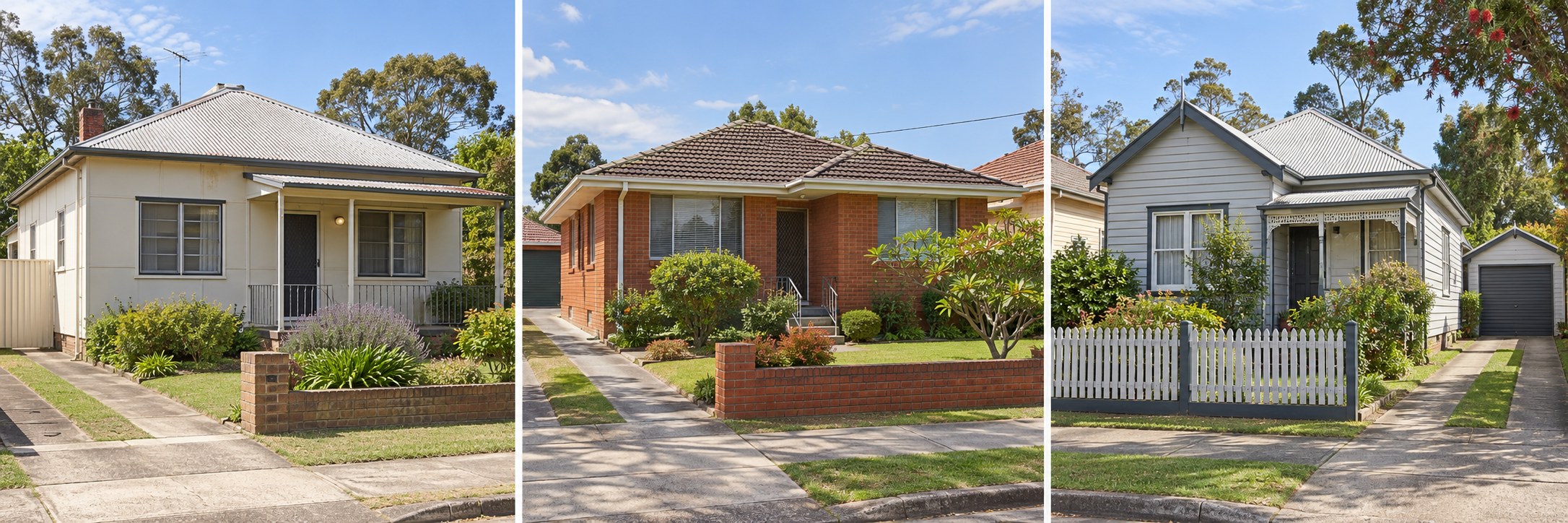 Illustrative views of an older fibro cottage, a brick-veneer suburban home and a weatherboard house